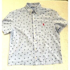 U.S. POLO ASSN. Mens Polo Shirt size Medium Blue with White stripes & Palm Trees